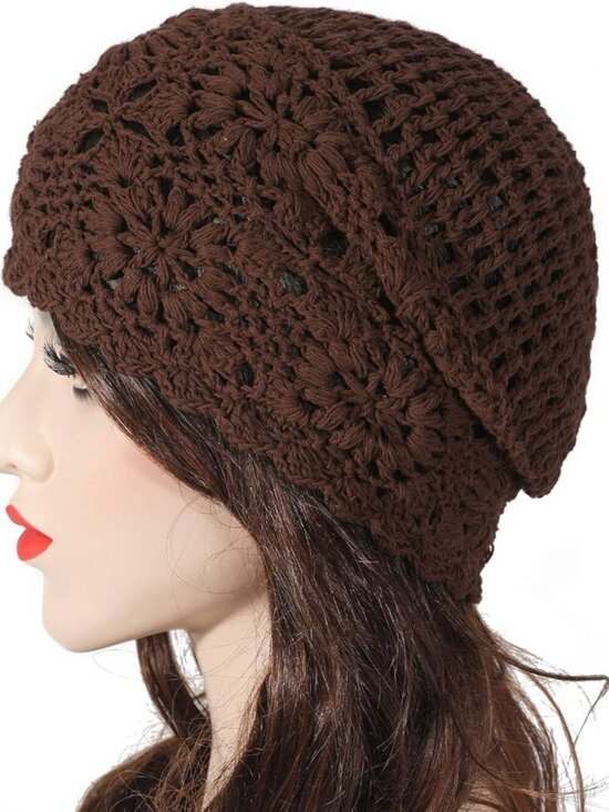 Women\'s Cotton Crochet Slouchy Beanie Hat Knit Summer Skull Cap Solid Brown